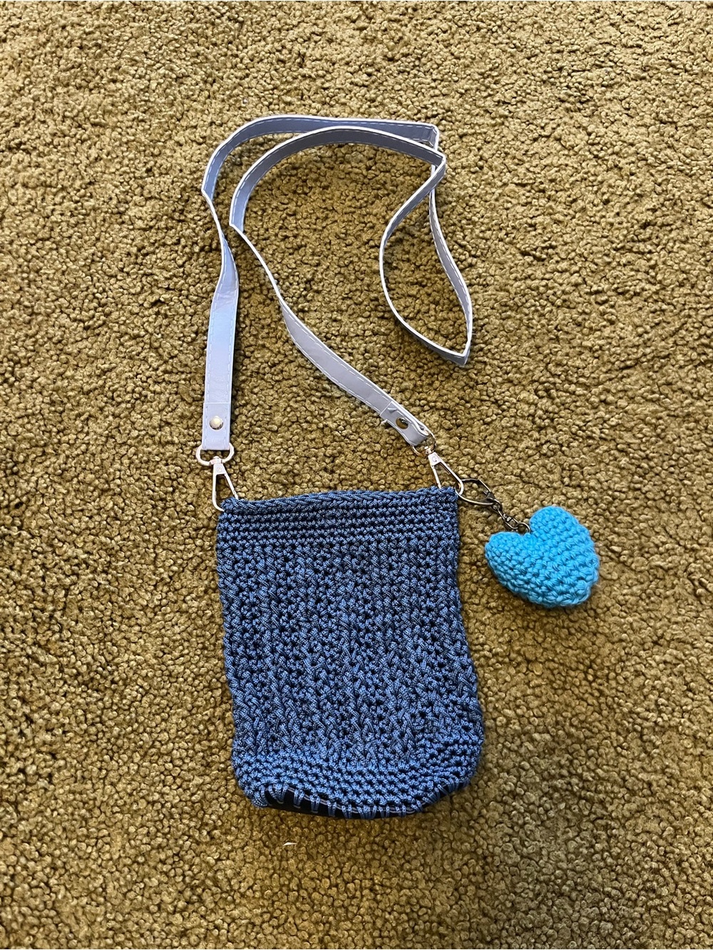 Hand made Blue Knit Crossbody Bag with Heart Charm